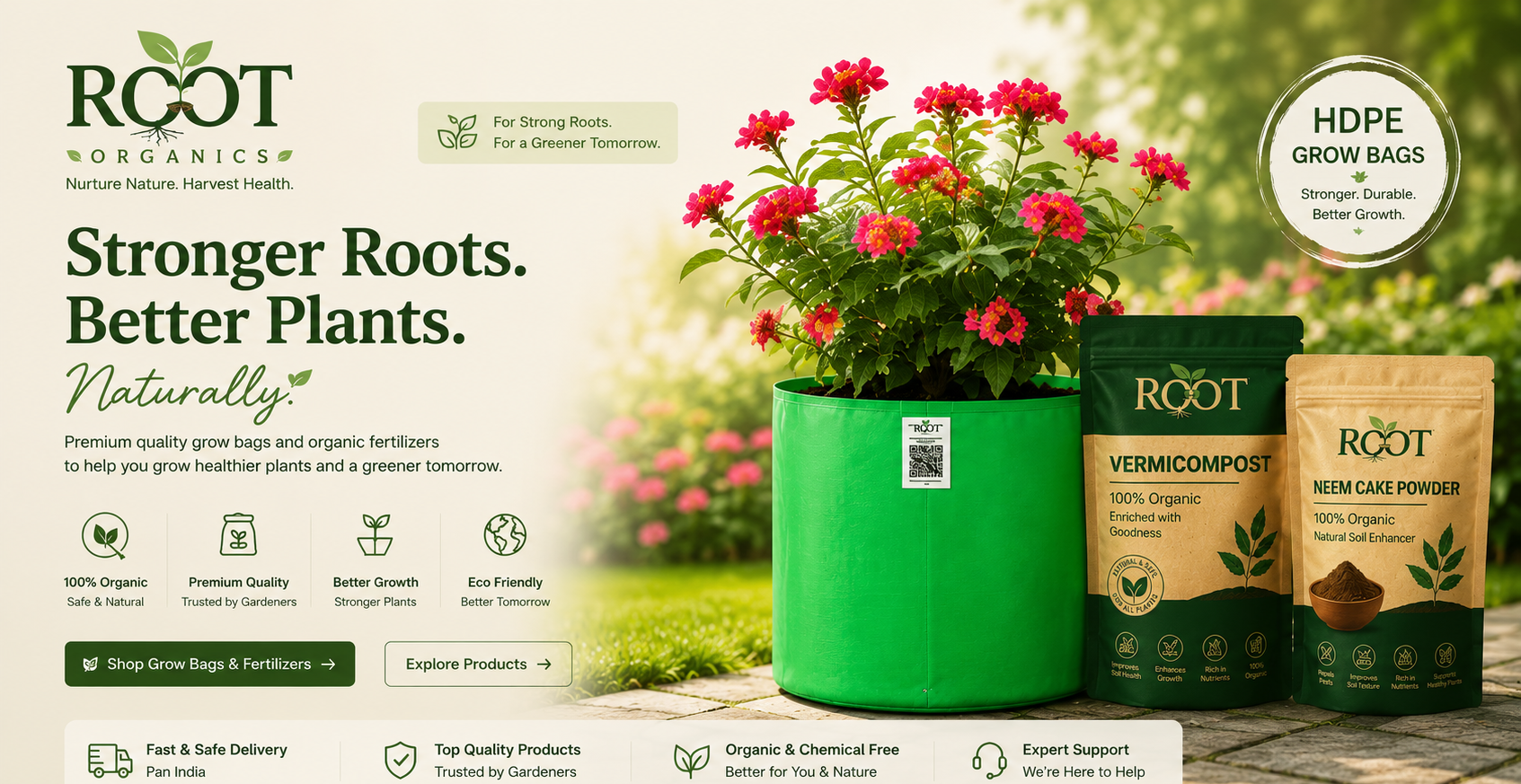 Root Organics gardening products including pots, bags, and powders with a garden background.