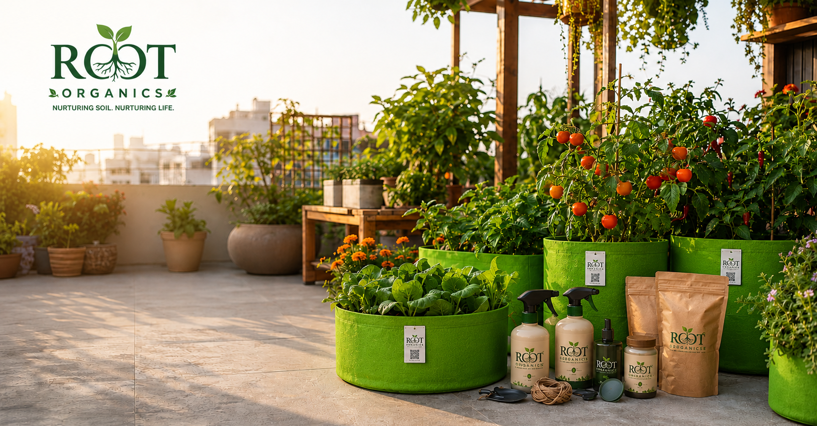 A rooftop garden setup with green fabric grow bags, potted plants, tomato plants with red fruit, and Root Organics branded bottles and bags on a concrete patio at sunset. The Root Organics logo is visible in the top left.