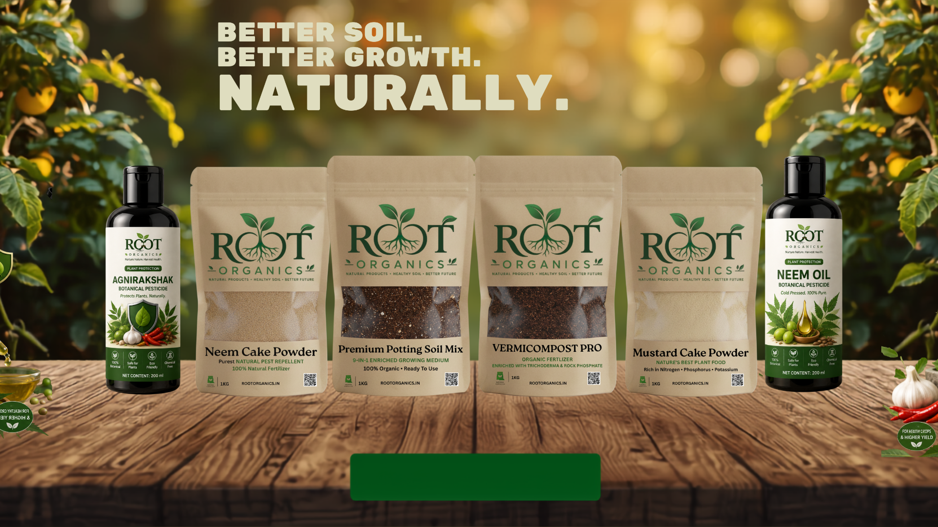 Root Organics products on a wooden table with plants in the background